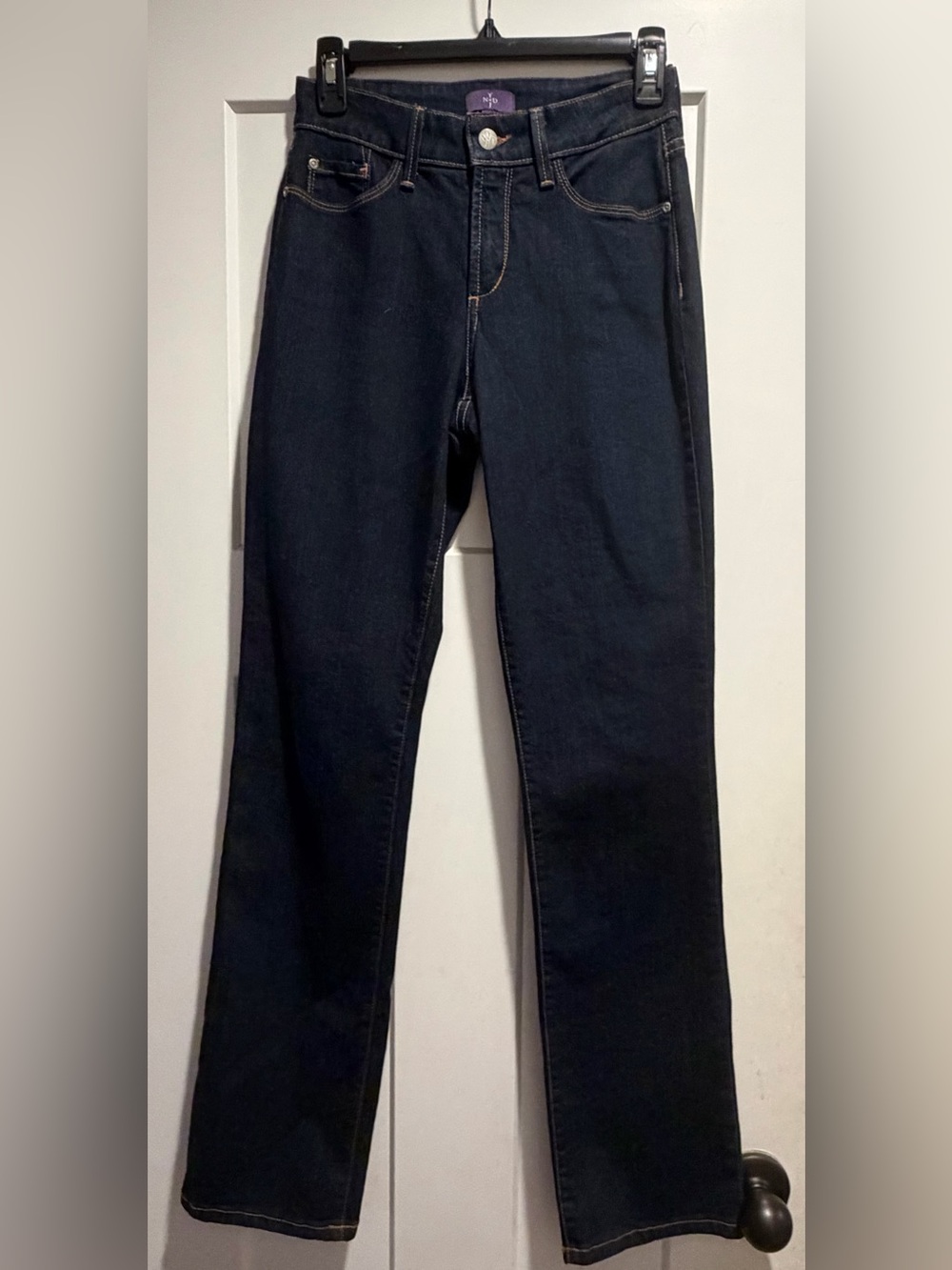 NYDJ Dark Indigo Jeans with Golden Stitching and Branded Button